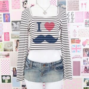 striped i ❤️ mustache crop top xs